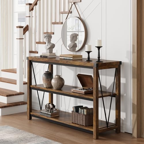 Farmhouse Console Table, 47 Inch Narrow Long Entryway Table with Storage, 3 Tier Wood Console Table for Living Room, Skinny Sofa Tables Behind Couch, Rustic Hallway Table for Entryway