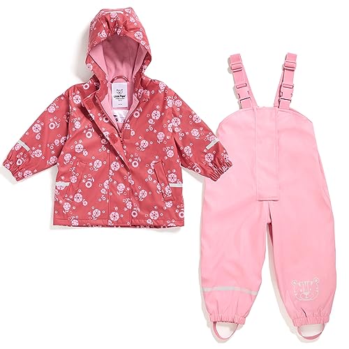 Regenanzug-Set für Kinder bestehend aus Regenhose und Regenjacke | gefüttert | Öko-Tex | winddicht | wasserdicht | Kapuze | Kinder Matsch Buddelanzug Jungen & Mädchen (86-92 (1-2 Jahre), rot-rosa)