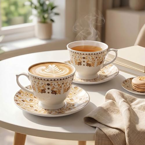 Image of U.P.C.Cup & Saucer Set of 12 Pcs | Golden Brown Floral Vine & Polka Dot Printed Bone China Tea Coffee Set | Gift for Home & Kitchen