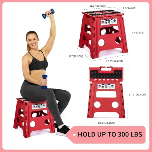 Image of Delxo Folding Step Stool, 13 inch Non-Slip Foldable Stools Up to 300 LBS, Step Stool with Handle, Lightweight for Kitchen, Bathroom, Bedroom, Garden, Dotted Texture, Red,1PC
