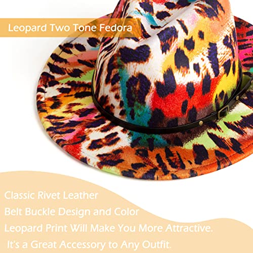Gossifan Women Two Tone Wide Brim Fedora Felt Panama Hats Classic Belt Buckle Color Leopard/Black #TOP1