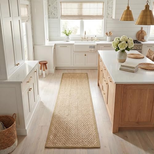 SAFAVIEH Natural Fiber Runner Rug 2'6"x12', Textured Natural & Olive NF114G