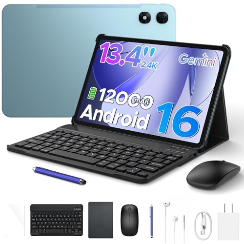 Image of P13 Pro 13.4 Inch Large Tablet, Android 16 Tablets, Gemini AI, 120Hz, 48GB RAM+256GB ROM, 12000mAh /18W, T7280 Octa-Core, 4G Dual SIM, OTG, 16MP, Face ID, 5G WiFi, Tablet with Keyboard Stylus, Blue