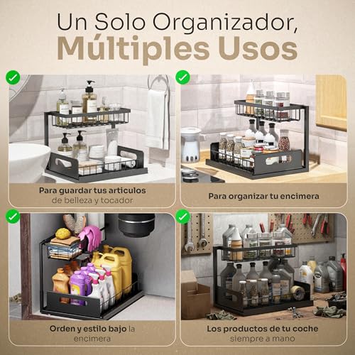 Miniatura 5 de Feyra Organizador Bajo Fregadero 2 Niveles Deslizante Acero Resistente, Estantería Bajo Fregadero De Metal Negra Cajón Inferior Extraíble Ideal Cocina Y Baño