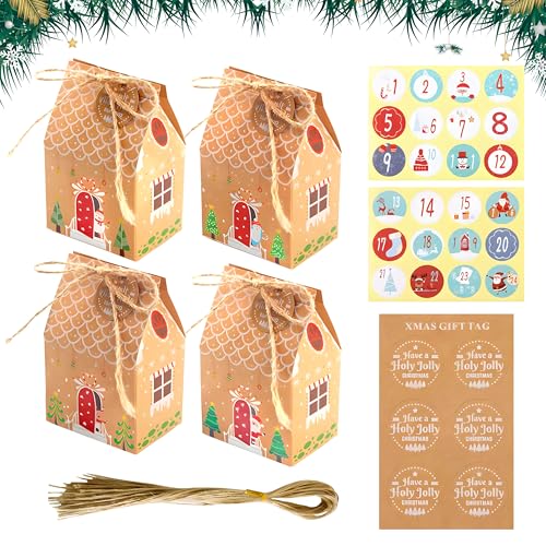 Actoys Calendario Adviento Para Rellenar Diy, 24 Piezas Cajas De Cartón Kraft En Forma De Casa Con Etiqueta Y Número Pegatinas, Cajas De Calendario De Adviento, Cajas De Regalo Para Fiesta De Navidad