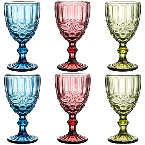 Youeon Set Of 6 Colored Wine Goblets, 10 Oz Wine Glasses Set With Embossed Pattern, Colored Wine Glasses Vintage Glassware For Party, Wedding, Bar, Wine, Juice, Beverage, 3 Colors #TOP2