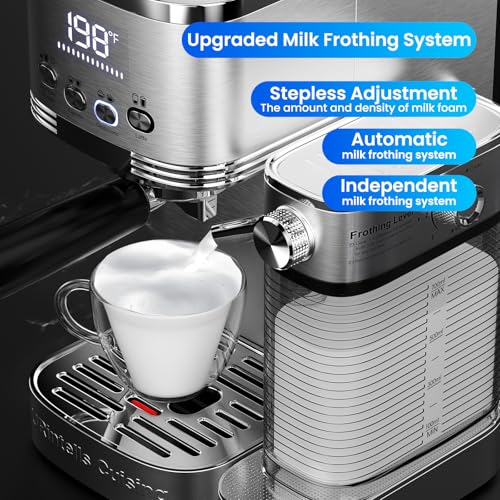 Image of Espresso Machine 20 Bar Temperature Time LED Display Espresso Maker with Stepless Adjustable Automatic Milk Frother for Cappuccino Latte Americano Stainless Steel Coffee Machine with ESE Pod Filter