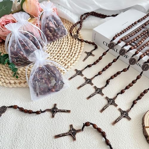 Image of Bovemee Saint Benedict Medal Prayer Pocket Rosary Catholic Brown Wood Beads with Medalla de san benitol and Crucifix, 9 Inch