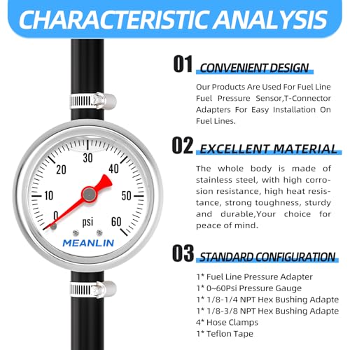 Image of MEANLIN MEASURE 0-60Psi Stainless Steel Glycerin Filled Pressure Gauge 1 /8 inch NPT 1.5 inch FACE DIAL, with 1 /2 inch Barb Aluminum Fitting Adapter Liquid Filled Pressure Gauge (9Pieces Kit, Back Mount)