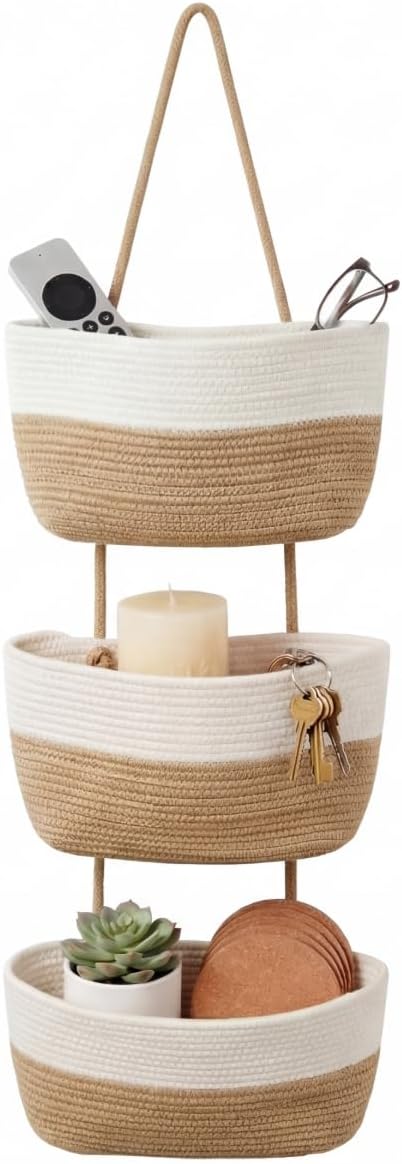 Hanging Wall Basket, Over the Door Hanging Basket with Hooks, 3-Tier Cotton Hanging Basket for Organizing, Decorative Boho Chic Decor for Wall, Bedroom, Living Room, Nursery, Whte & Jute