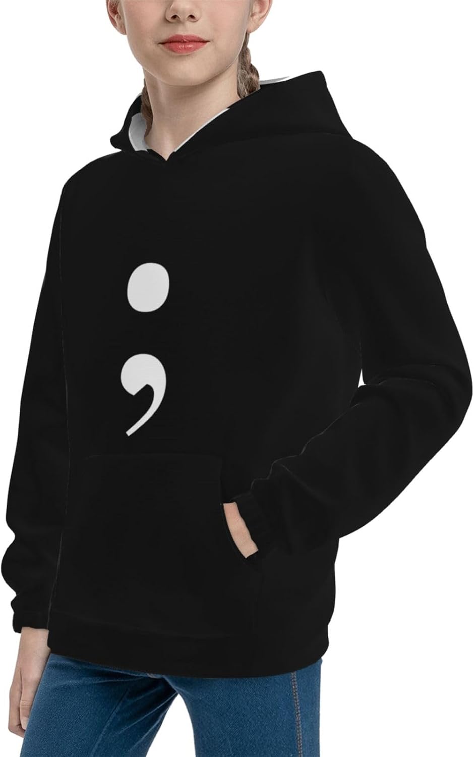Semi Colon Youth Fleece Hoodie Unisex Boys Girls Hooded Sweatshirt With Pocket