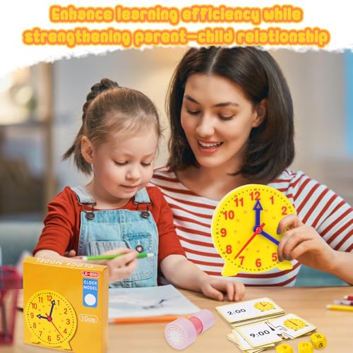 HDHGXUJRD Lernuhr Kinder, Grundschule Uhr Lernen, 12/24 Stunden Demonstrationsuhr, Uhrzeit Lernen Kinder mit Zeitkarte, Würfeln und Stempeln, Uhr Lernen für Kind ab 4 5 6 7 8