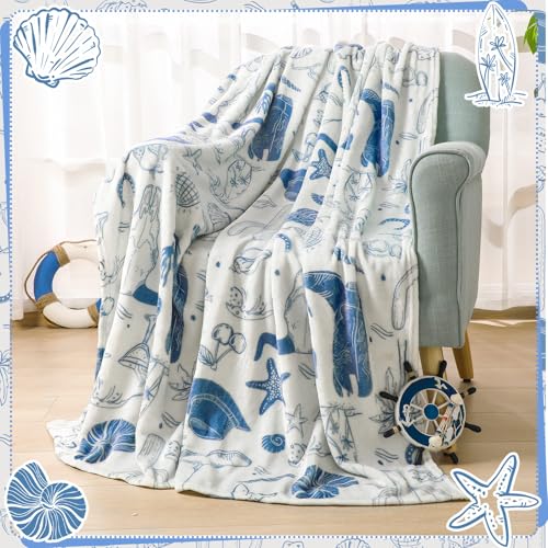 HunnmingRe Coastal Cowgirl Throw Blanket 50 x 60 Inches Blue Velvet Soft Plush Preppy Blanket with Cowboy Hat Boots Horseshoe Seashell for Summer Boho Gifts Couch Bed Sofa Chair Birthday Decor - Image 2