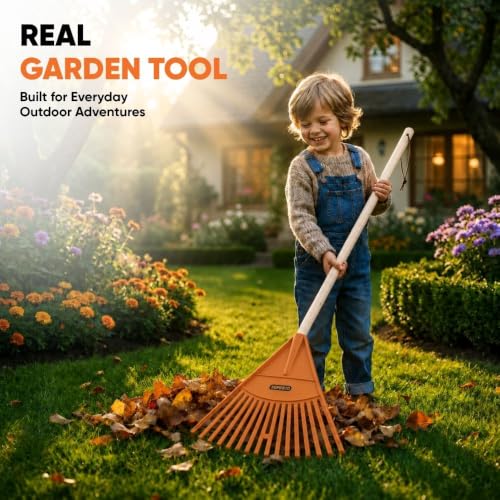 Image of Superio Kids Rake with Hardwood Handle, Durable Plastic Head to Sweep Leaves in Lawn and Tidying Up The Garden, 34 inch