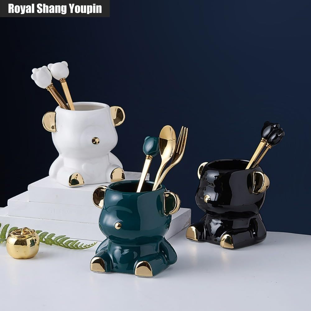 Juego De 12 Piezas De Cubiertos De Acero Inoxidable De Dibujos Animados, Cuchara, Tenedor, 14,5 Cm/5,7 Pulgadas, Cuchara De Postre, Tenedor (Negro/Dorado,Con almacenamiento)