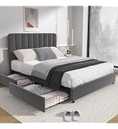 Vecelo Queen Size Upholstered Bed Frame with 4 Drawers and Adjustable Headboard, Storage Place...