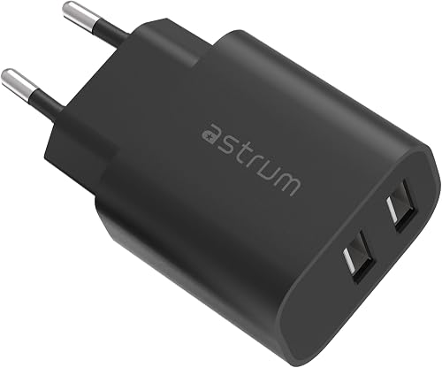 Astrum 12W Dual USB-A Wall Charger with Smart IC Protection - WATZ12D - Black