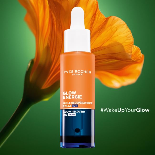 Yves Rocher Glow Énergie, olio da notte, idratante prima di dormire, rivitalizza e leviga durante il sonno, con nasturzio e effetto melatonina vegetale, 99% naturale, 30 ml
