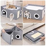 Foldable Cat House, 2-Layer Large Soft Cat Bed Cave Cube with Scratching Board, Hideaway and Fluffy Ball, Grey - Image 7