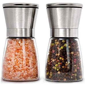 HOME EC Premium Stainless Steel Sea Salt and Pepper Grinder Set of 2 – Adjustable Ceramic, Glass Salt and Pepper Shakers – Pepper Mill & Salt Mill W/Funnel & EBook