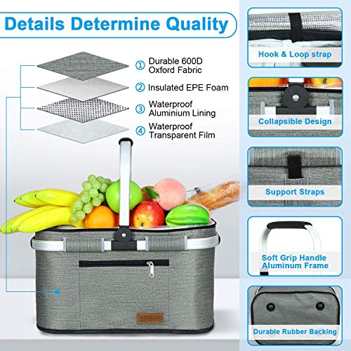 Liqing 35L Large Picnic Basket Shopping Travel Camping Grocery Bags 2 Layers Of Internal Pockets Leak-Proof And Insulated Folding, Internal Support Does Not Collapse #TOP2