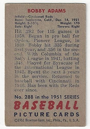 Bobby Adams Vintage Collectible Baseball Card - 1951 Bowman Baseball Card #288 (Cincinnati Reds) Free Shipping