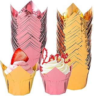 webake Tulip Muffin Cases Foil Cupcake Cases 100 Pcs Baking Cups for Muffin Cupcake Cake Ice Cream Dessert Wedding Birthday Party, Pink and Gold
