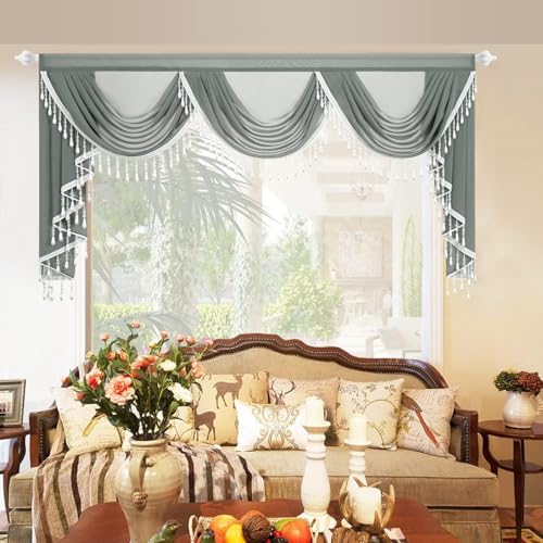 Leeva Charcoal Grey Sheer Valance, Triple Wide Waterfall Swag wit...