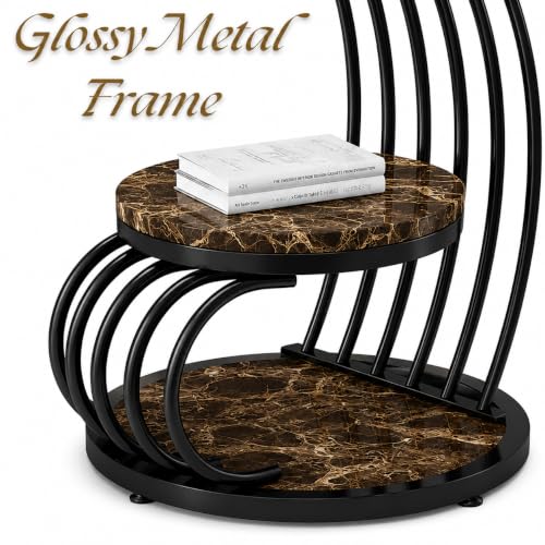 Image of Modern Double-Top Coffee Table with Rustic Farmhouse Accent, Multipurpose Living Room Bedroom, Two-Tier Small Sofa Side Bedside Table with Metal Frame Nightstand (Black Brown Mg)