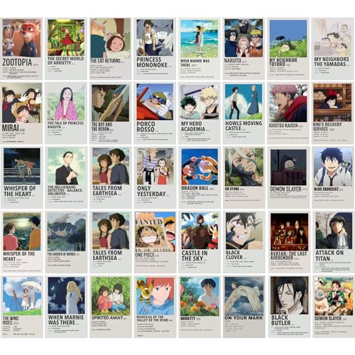 Quary Faux Leather Aesthetic Wall Collage Kit||Studio Ghibli Anime Posters Wall Collage Kit||40 Unique Poster Set Comes With Adhesive Tape Peel And Stick (4 × 6 Inch,Studio Ghibli Album Covers)