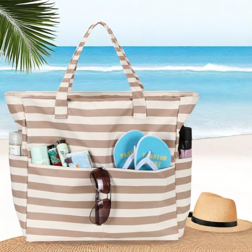 Image of LEDAOU Large Beach Tote Bag Women Waterproof Sandproof Zipper Beach Tote Bag for Pool Gym Grocery Travel with Wet Pocket | Sandproof