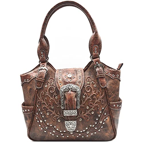 Western Style Tooled Leather Floral Women Bling Rhinestone Studs Purse Buckle Handbag Country Shoulder Bags Wallet Set Brown2