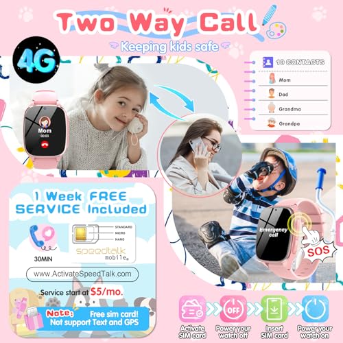 Image of 4G Kids Smart Watch - Smartwatch for Kids with Call SOS Music Camera Video Alarm Pedometer Calculator Stopwatch Educational Games, Smart Watch Phone with SIM Card for Boys Girls Ages 4-12(Pink)