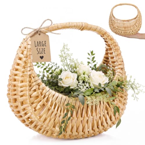 Image of Taiyin 1 Pack Flower Girl Basket with Handle, 8.27 x 9.06 x 6.3 Inch | Rattan Basket Half Moon Straw Wicker, Ideal for Wedding Flower, Petals, Confetti, Candy & Gifts, Picnic, Garden Storage Decor