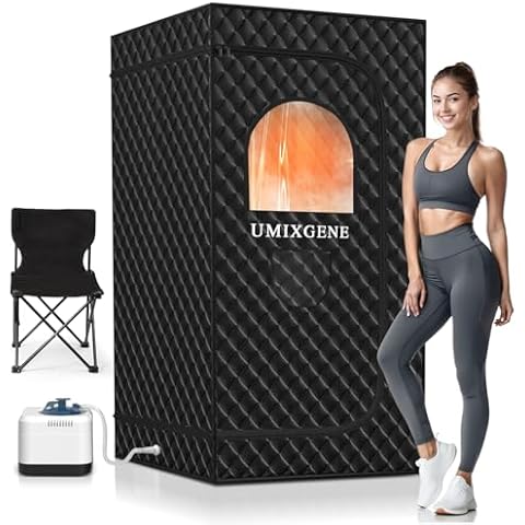 UMIXGENE Portable Steam Sauna, Portable Sauna for Home, Sauna Tent Sauna Box with 2.6L Steamer, Remote Control, Folding Chair, 9 Levels Cover