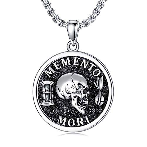 PELOVNY Memento Mori Necklace 925 Sterling Silver Gothic Skull Pendant Stoicism Jewelry Gifts for Men Women 22+2 Inch Chain