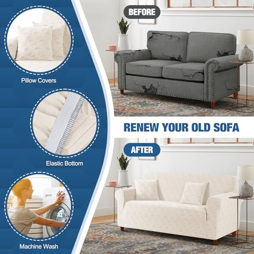 Image of TAOCOCO Loveseat Sofa Cover, 1Piece Couch Cover for 2 Cushion Sofa Washable Loveseat Slipcover with 2PCS Throw Pillow Covers, Jacquard Furniture Protector for Pets Dog(2 Seater,Beige)