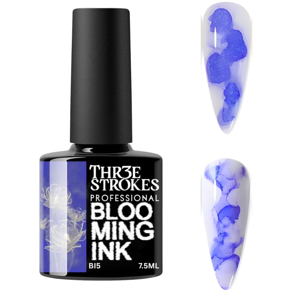 THR3E STROKES Professional Blooming Nail Ink for Marble Effect - Watercolor Blossom Polish for Nail Art | Magic Spread Fluid Pigment for UV Gel Nails | Smokey Gradient DIY Manicure (1 Bottle, 7.5ml) (BI5)-picture-55