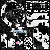 JINGSEN11 Pieces Fluffy Car Accessories Set,Fluffy Cow Print Plush Steering Wheel Covers for Women Soft Fleece Handbrake Cover Shift Cover Car Trim Warm Non-Slip (Black)