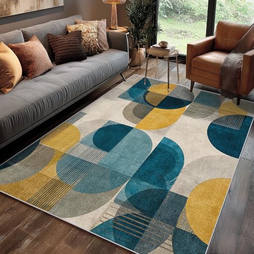 Tapis Mid Century Modern Salon 140x200 cm Motif Géométrique Abstrait Vintage Antique Bleu Jaune, Tapis Lavable Antidérapant Doux Poil Court, Decoration...
