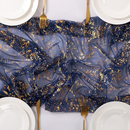 Image of Gold Glitter Table Runner Navy Blue Sheer Gauze Foil Table Runner 120 Inch