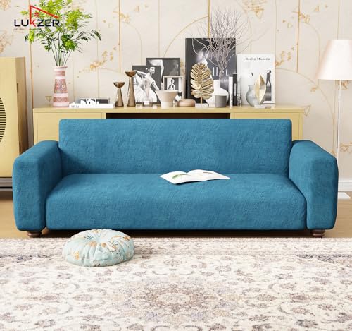 Image of Lukzer 3 Seater Blue Lining Design Universal Sofa Cover | 360 Fully Covered Anti-Slip Washable Couch Cover Protecter | 140 GSM Stretch Fit Polyester + Spandex Slipcover (180-230cm /SC-022-03)