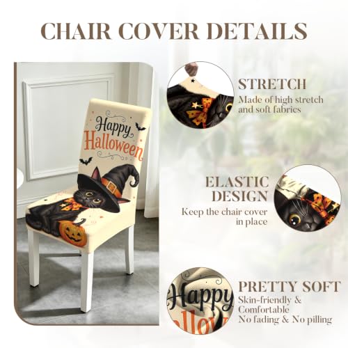 Image of Halloween Cat Dining Chair Covers Set of 4, Witch Hat Slipcovers