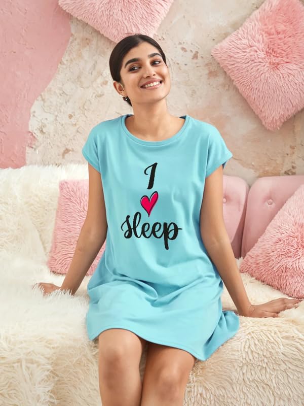 Image of Fflirtygo Women's Cotton Nighty | Printed Knee Length Night Gown |Relaxed Fit Nightwear |Short Nightdress| Long T-Shirt | Sleepwear & Casual Wear Nighty (Pack of 2)
