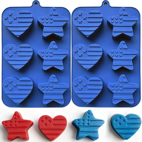 2 Pack 4th of July Silicone Molds for Baking Large Independence Day Patriotic Chocolate Molds with American Flag Heart & Star Shapes Silicone Chocolate Molds for Candy Soap Ice Cupcake Toppers