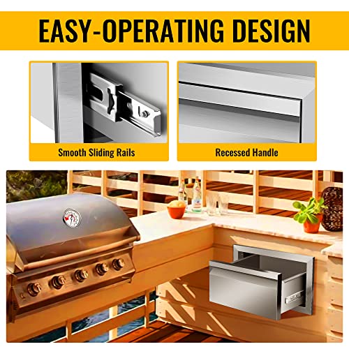 Image of Outdoor Kitchen Drawers 14 inch W x 8.5 inch H x 23 inch D Inch Stainless Steel Flush Mount BBQ Single Drawers for Outdoor Kitchen Island, or Patio Grill Station