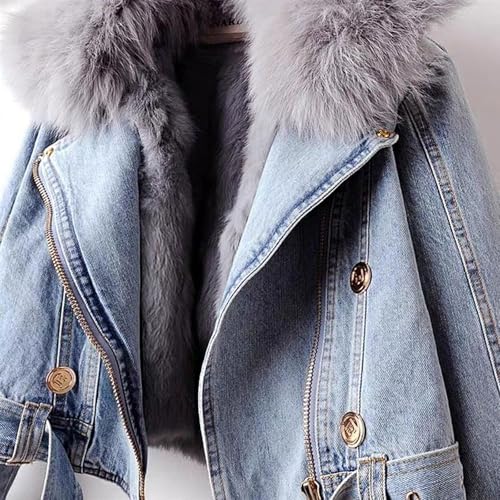 Loveimgs Women Western Removable Faux Fur Lined Denim Jacket Short Cropped Jean Jacket Coat Overcoat With Belt thumb #3