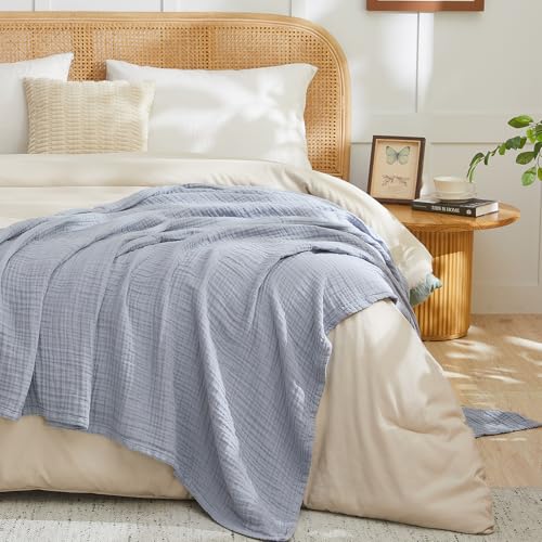 EMME Cotton Muslin Queen Blanket Bed Layering Breathable Gauze Blanket Soft Lightweight Blankets Adults (Dusty Blue, 90"x90")