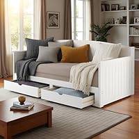 Alaterre Harmony Wood Daybed with Trundle - Twin Size Day Bed with Two Pull Out Drawers, Brazilian Pine, 440 lbs Capacity - Space Saving Daybed Couch for Kids, Guest Room, Living Room - White
