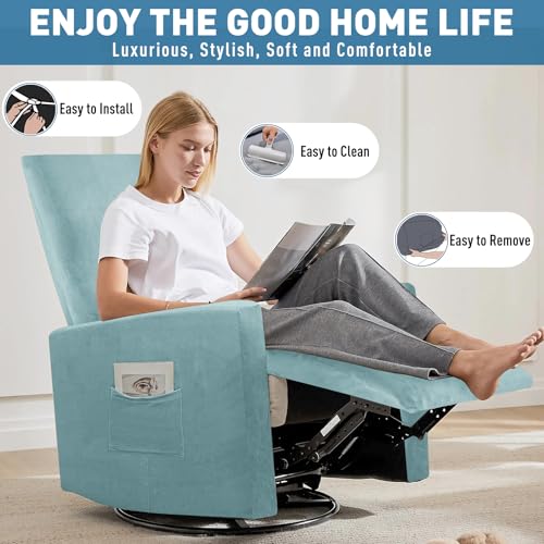 Image of ZNSAYOTX 2026 Velvet Small Recliner Cover 3-Piece, Luxury Plush Recliner Chair Covers with Elastic Band & Ties Stay in Place, Stretch Reclining Slipcover for Lazy Boy Soft Washable (Stone Blue)